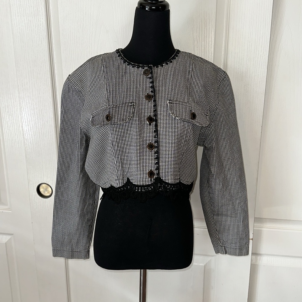 VTG BLACK & WHITE HOUNDSTOOTH PLAID CROP JACKET